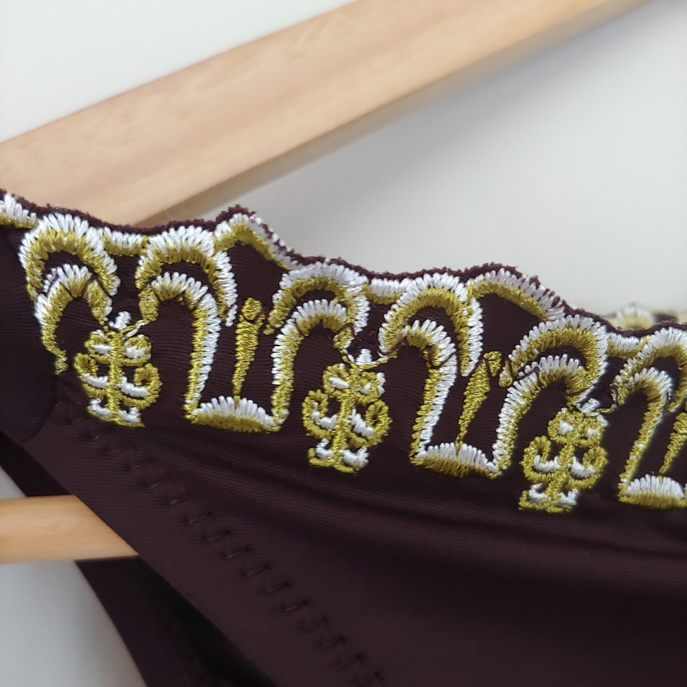 BECCA Swimsuit Embroidered Tie Bikini Set Brown Vintage Size Small - Picture 7 of 11